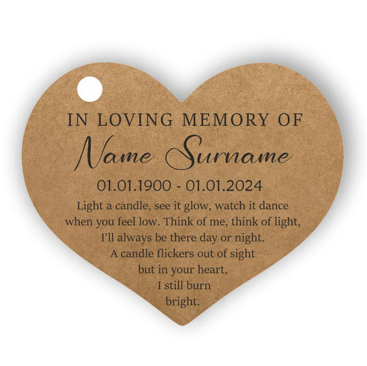 Memorial Kraft Tags With Name And Dates, Personalised Labels In Loving Memory, Funeral Candle Tags