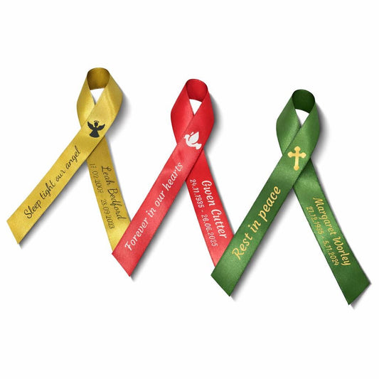 Personalised Memorial Ribbon, Funeral Remembrance Brooch with Safety Pin, 12.5 cm Height, Ready to Wear Keepsake